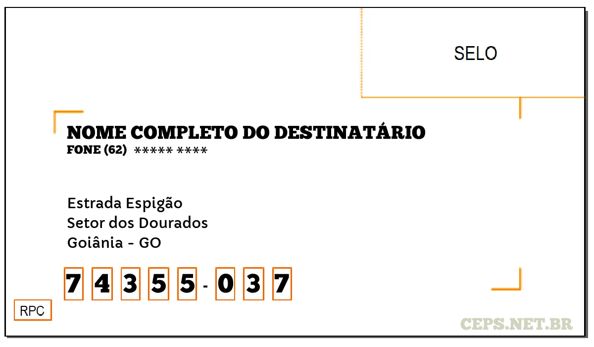 CEP GOIÂNIA - GO, DDD 62, CEP 74355037, ESTRADA ESPIGÃO, BAIRRO SETOR DOS DOURADOS.