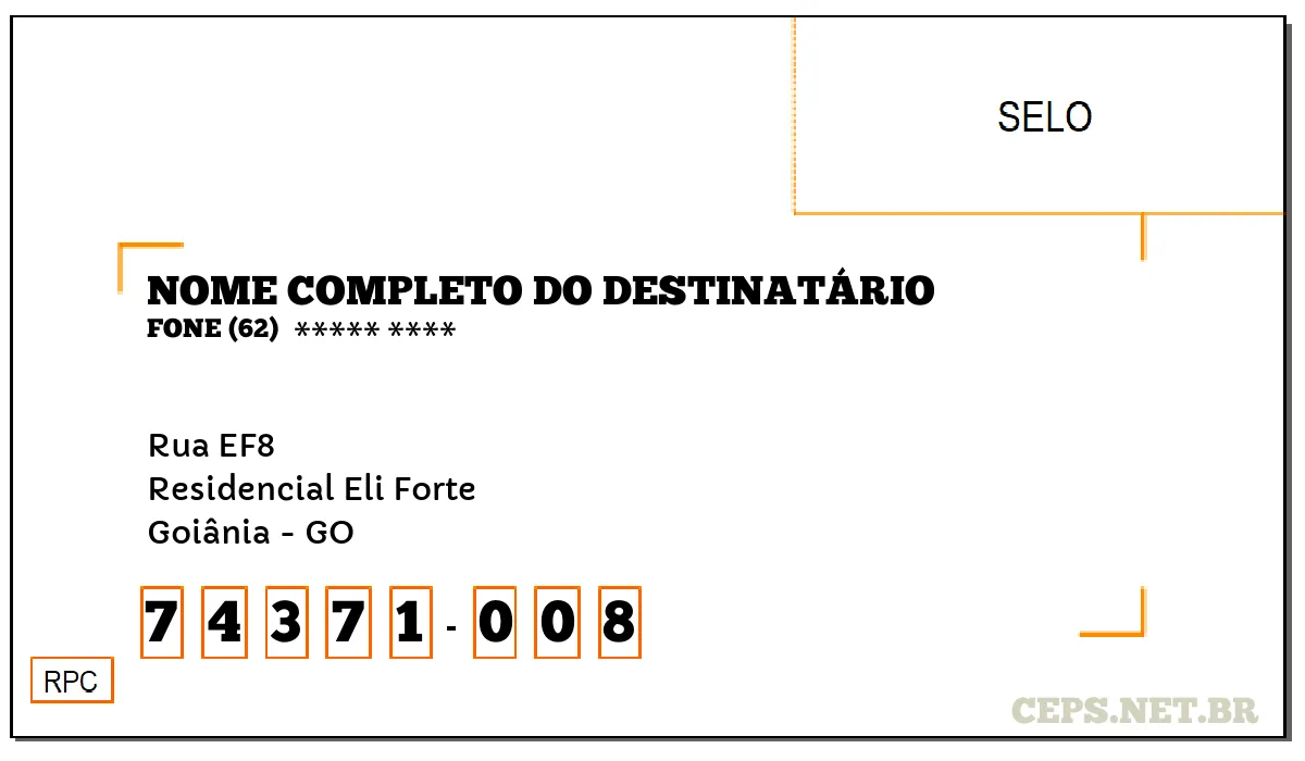 CEP GOIÂNIA - GO, DDD 62, CEP 74371008, RUA EF8, BAIRRO RESIDENCIAL ELI FORTE.