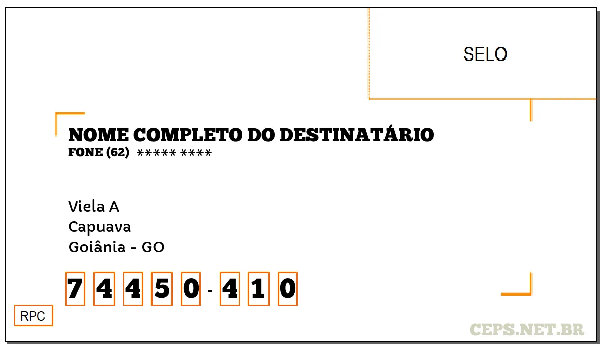 CEP GOIÂNIA - GO, DDD 62, CEP 74450410, VIELA A, BAIRRO CAPUAVA.