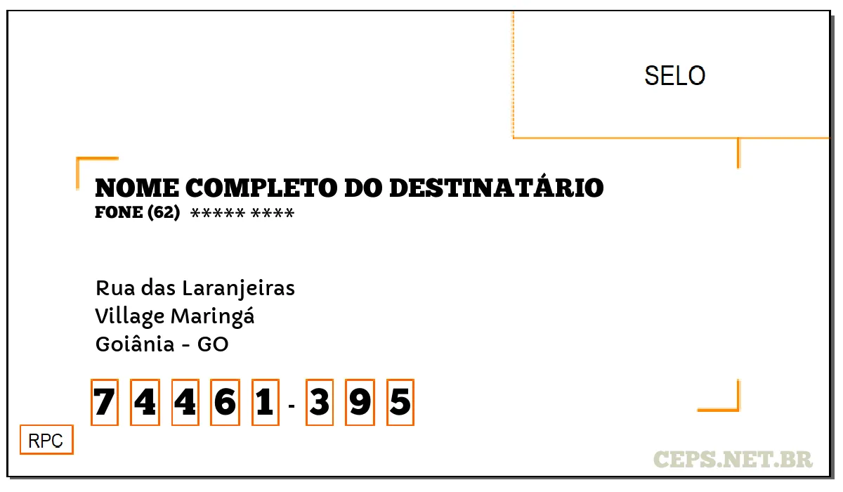 CEP GOIÂNIA - GO, DDD 62, CEP 74461395, RUA DAS LARANJEIRAS, BAIRRO VILLAGE MARINGÁ.