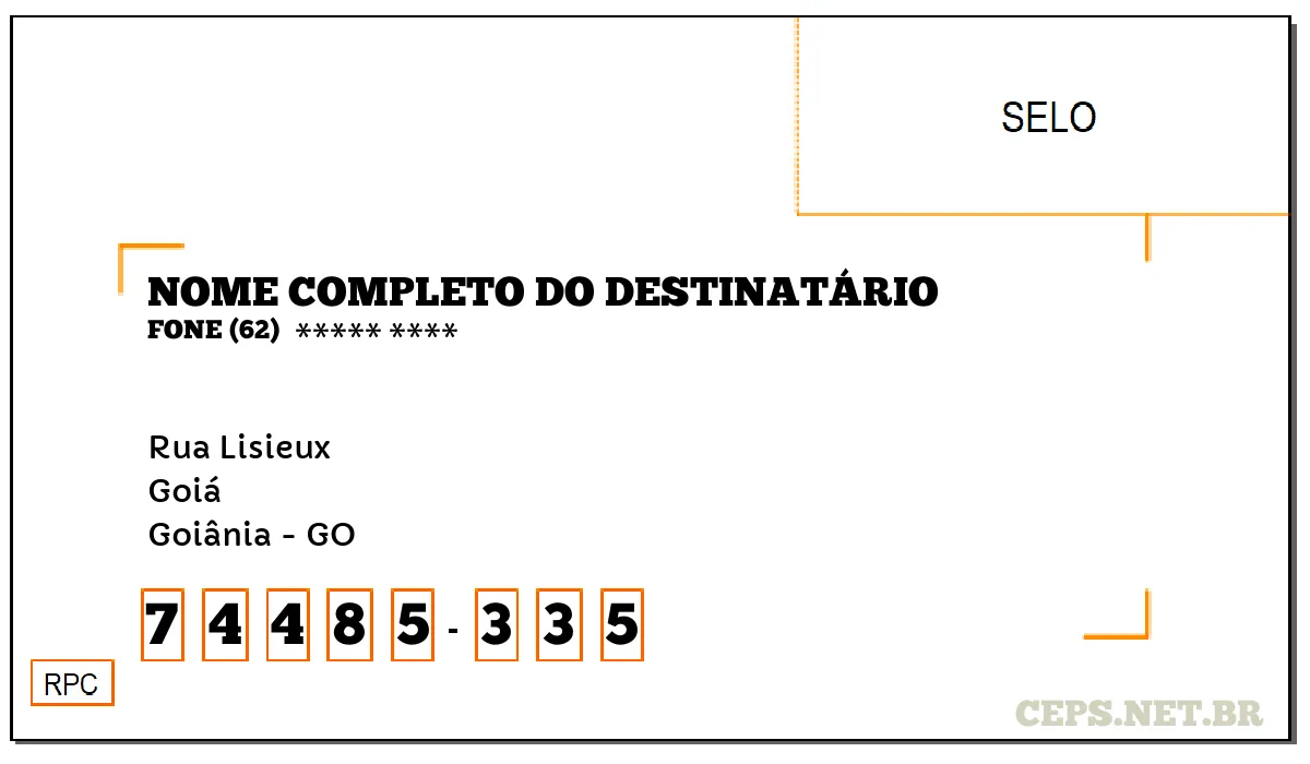 CEP GOIÂNIA - GO, DDD 62, CEP 74485335, RUA LISIEUX, BAIRRO GOIÁ.