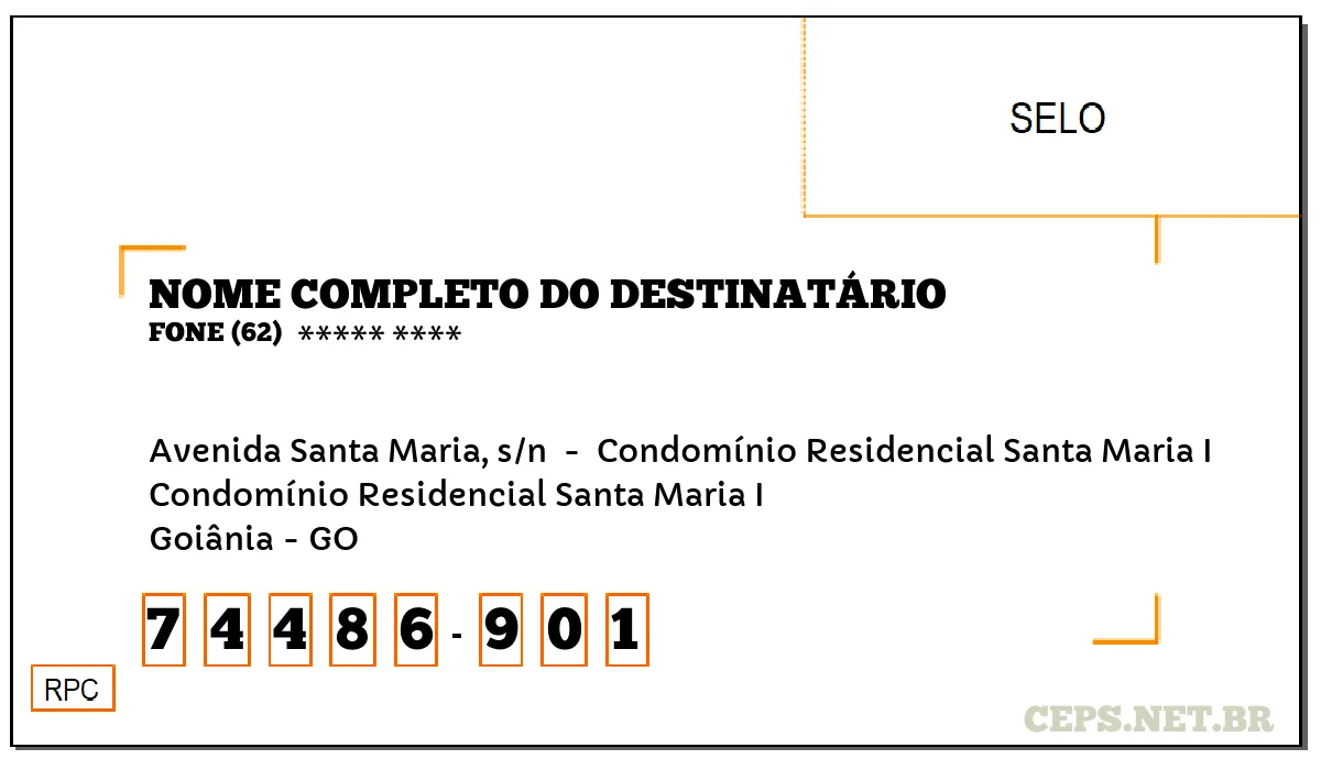 CEP GOIÂNIA - GO, DDD 62, CEP 74486901, AVENIDA SANTA MARIA, S/N , BAIRRO CONDOMÍNIO RESIDENCIAL SANTA MARIA I.