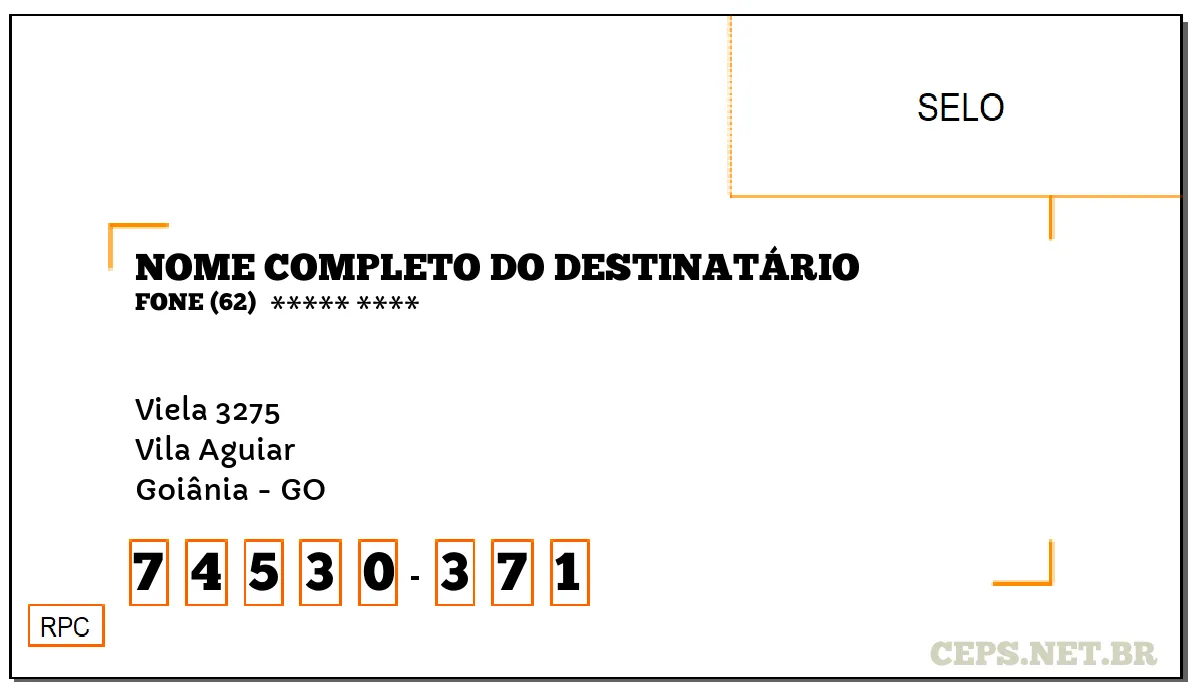 CEP GOIÂNIA - GO, DDD 62, CEP 74530371, VIELA 3275, BAIRRO VILA AGUIAR.