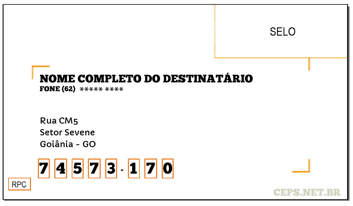 CEP GOIÂNIA - GO, DDD 62, CEP 74573170, RUA CM5, BAIRRO SETOR SEVENE.