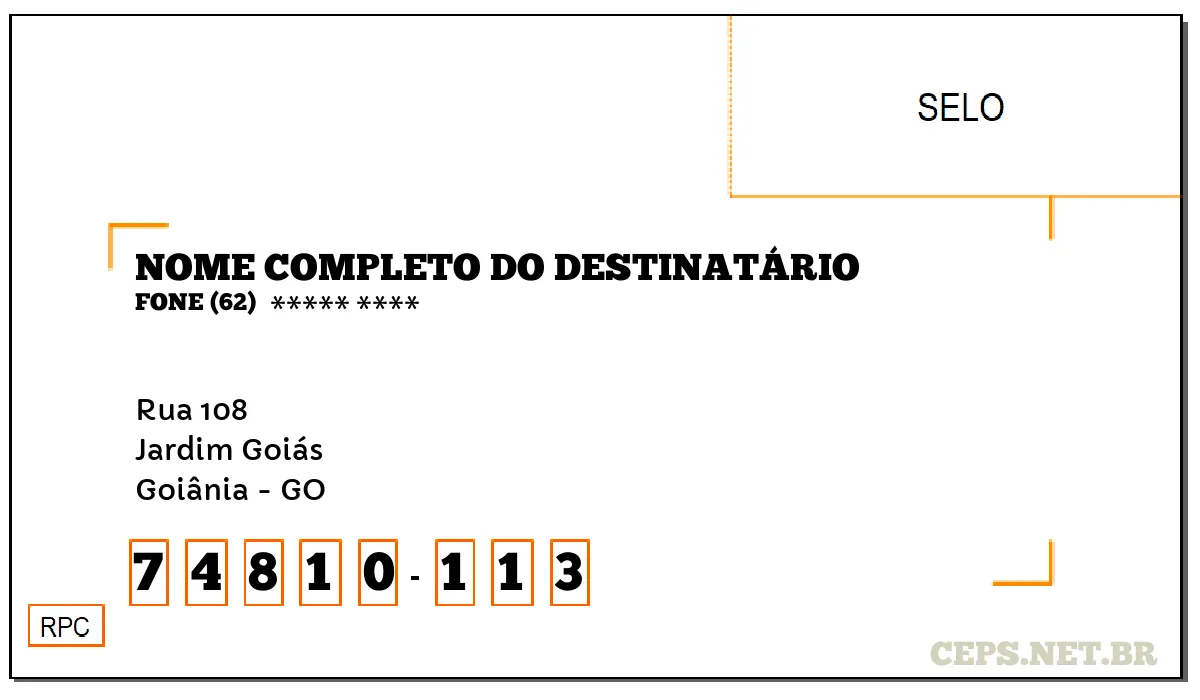 CEP GOIÂNIA - GO, DDD 62, CEP 74810113, RUA 108, BAIRRO JARDIM GOIÁS.