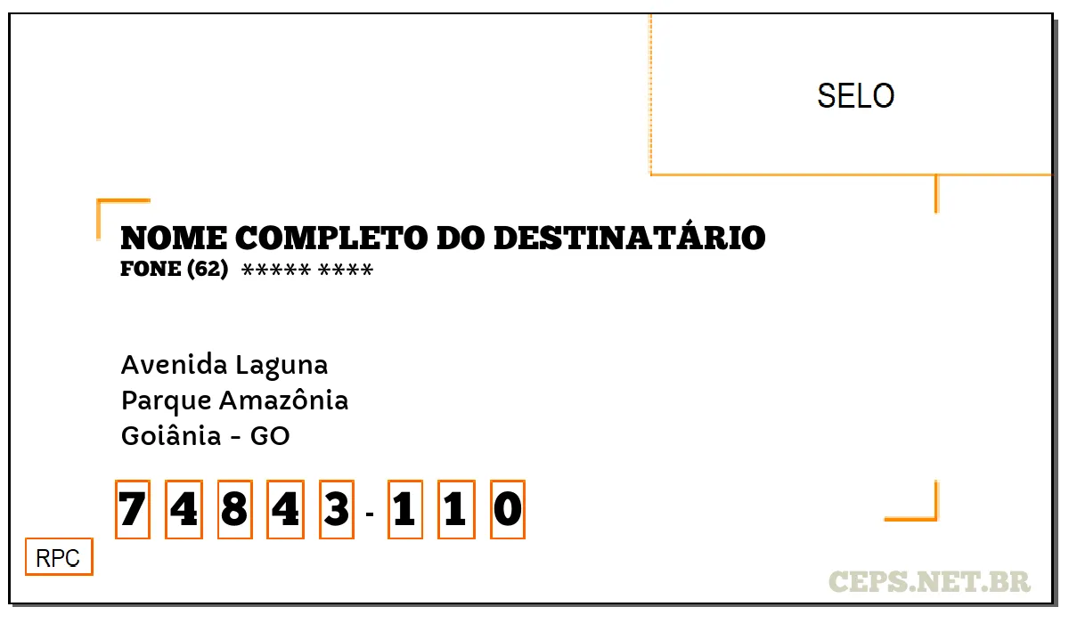 CEP GOIÂNIA - GO, DDD 62, CEP 74843110, AVENIDA LAGUNA, BAIRRO PARQUE AMAZÔNIA.