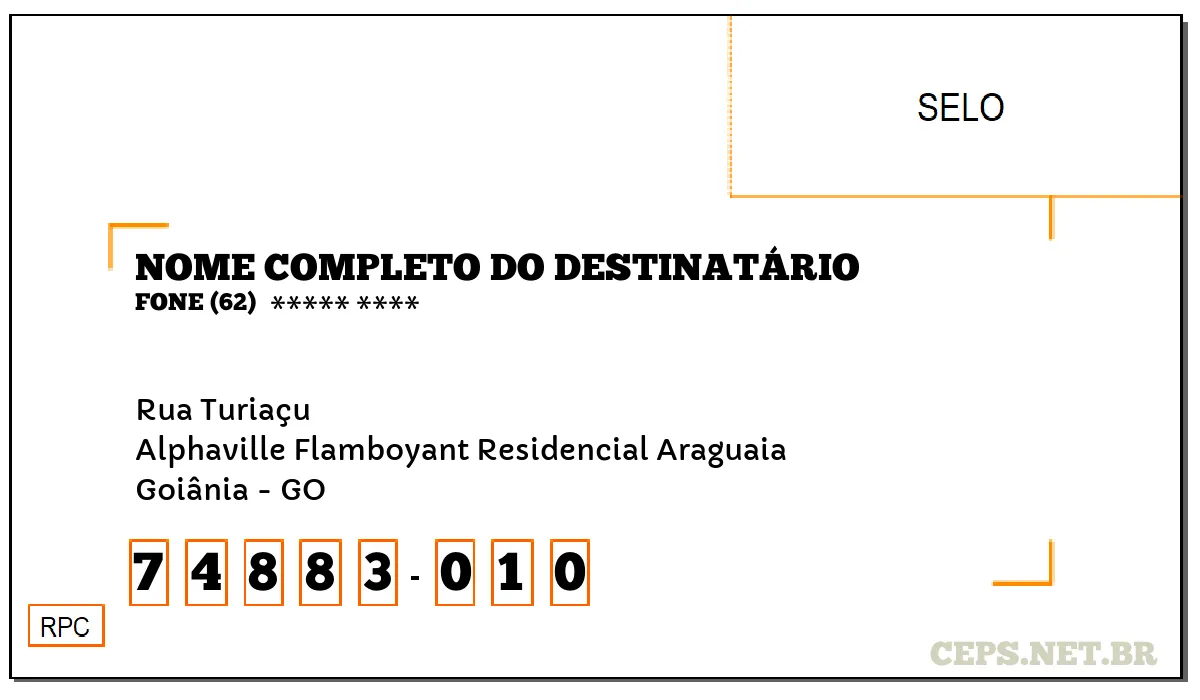 CEP GOIÂNIA - GO, DDD 62, CEP 74883010, RUA TURIAÇU, BAIRRO ALPHAVILLE FLAMBOYANT RESIDENCIAL ARAGUAIA.