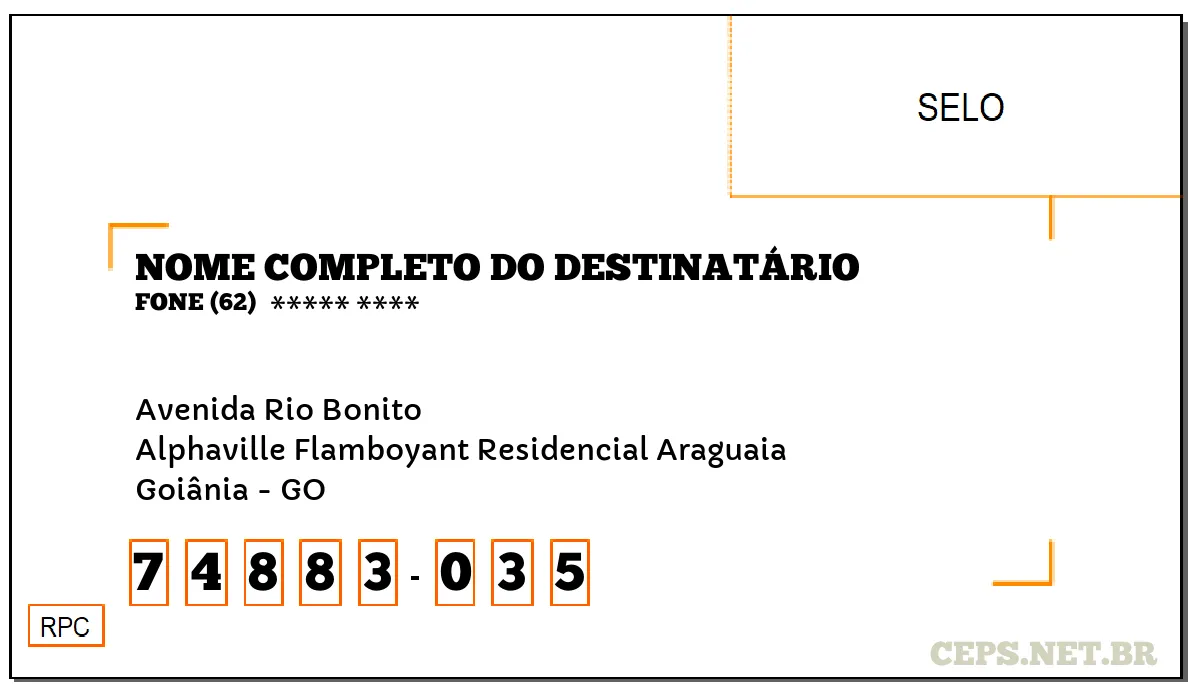 CEP GOIÂNIA - GO, DDD 62, CEP 74883035, AVENIDA RIO BONITO, BAIRRO ALPHAVILLE FLAMBOYANT RESIDENCIAL ARAGUAIA.