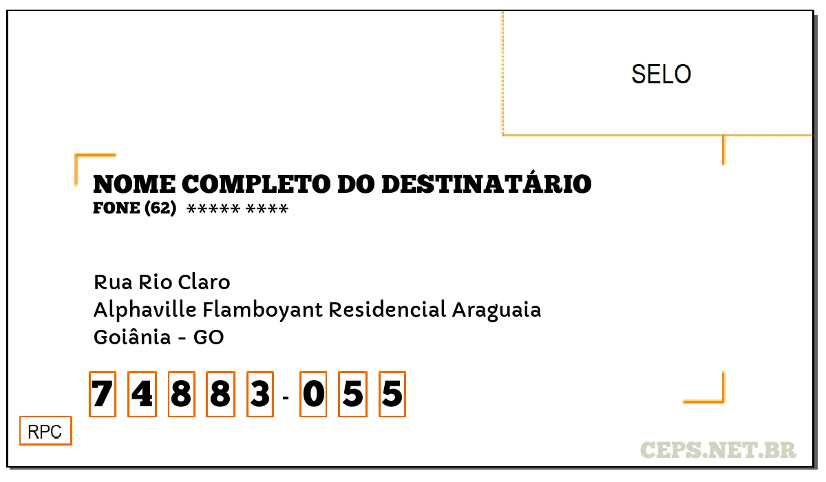 CEP GOIÂNIA - GO, DDD 62, CEP 74883055, RUA RIO CLARO, BAIRRO ALPHAVILLE FLAMBOYANT RESIDENCIAL ARAGUAIA.