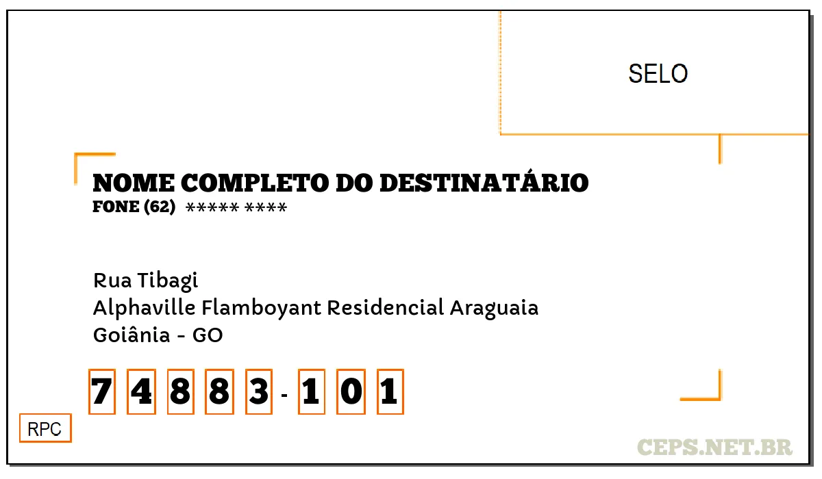 CEP GOIÂNIA - GO, DDD 62, CEP 74883101, RUA TIBAGI, BAIRRO ALPHAVILLE FLAMBOYANT RESIDENCIAL ARAGUAIA.