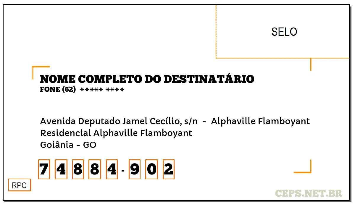 CEP GOIÂNIA - GO, DDD 62, CEP 74884902, AVENIDA DEPUTADO JAMEL CECÍLIO, S/N , BAIRRO RESIDENCIAL ALPHAVILLE FLAMBOYANT.