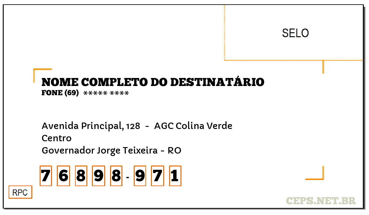 CEP GOVERNADOR JORGE TEIXEIRA - RO, DDD 69, CEP 76898971, AVENIDA PRINCIPAL, 128 , BAIRRO CENTRO.