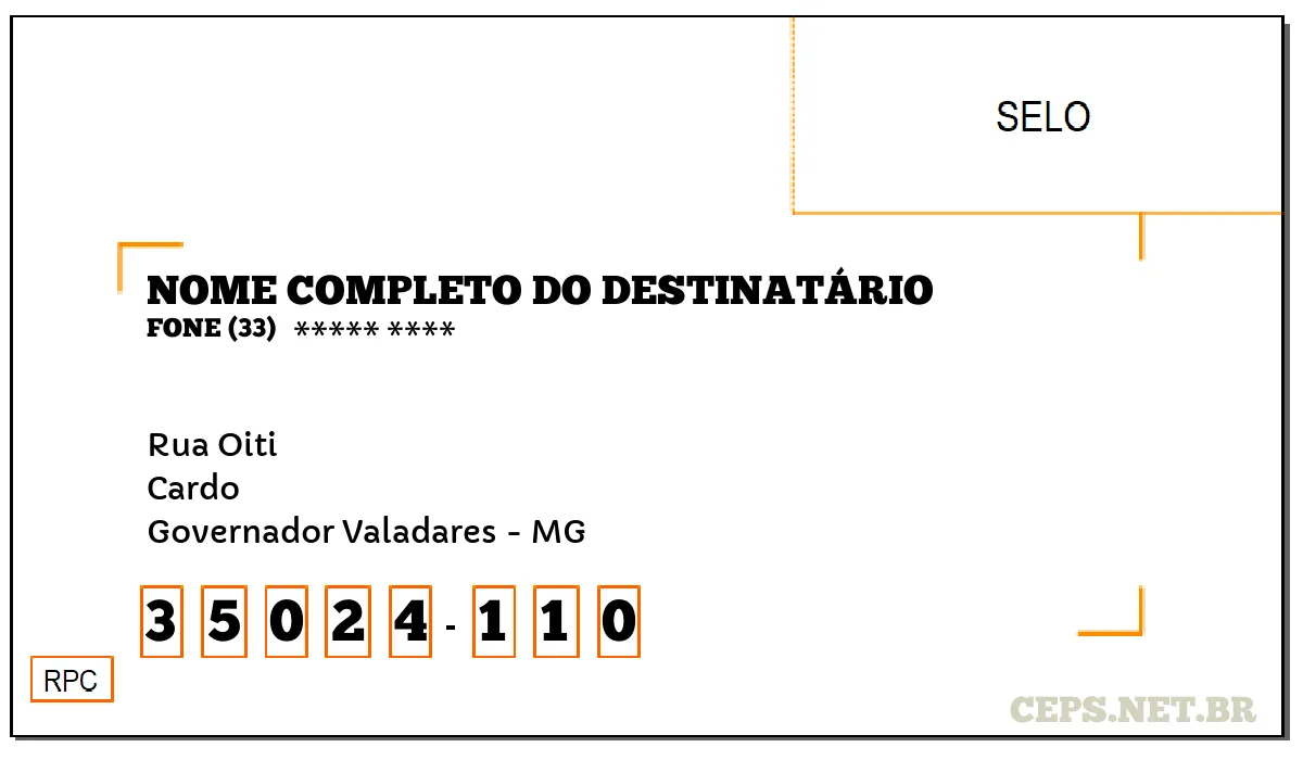 CEP GOVERNADOR VALADARES - MG, DDD 33, CEP 35024110, RUA OITI, BAIRRO CARDO.