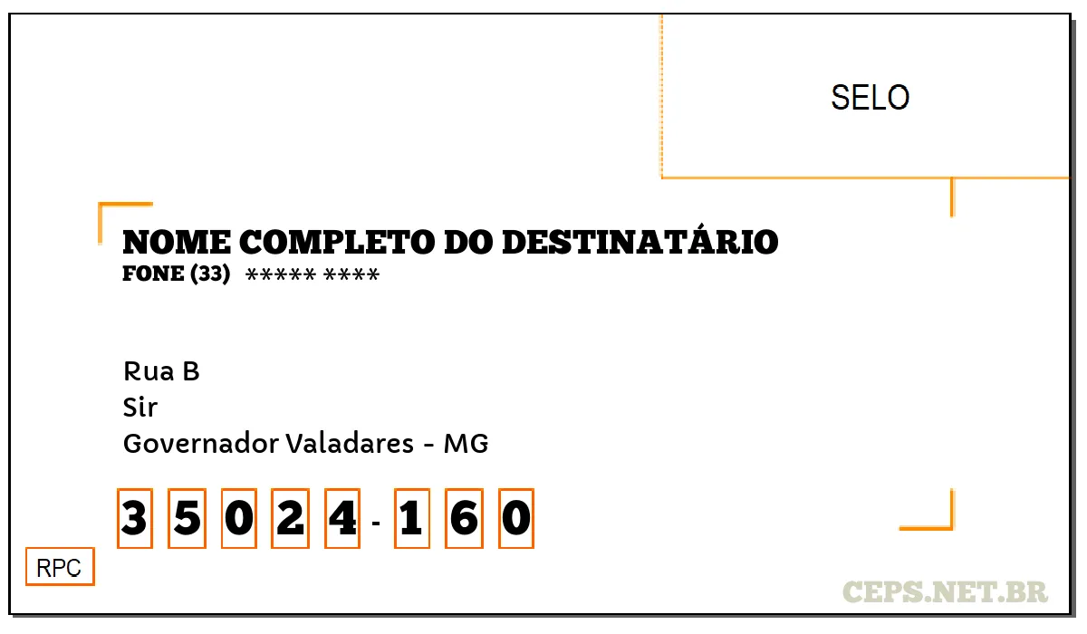 CEP GOVERNADOR VALADARES - MG, DDD 33, CEP 35024160, RUA B, BAIRRO SIR.