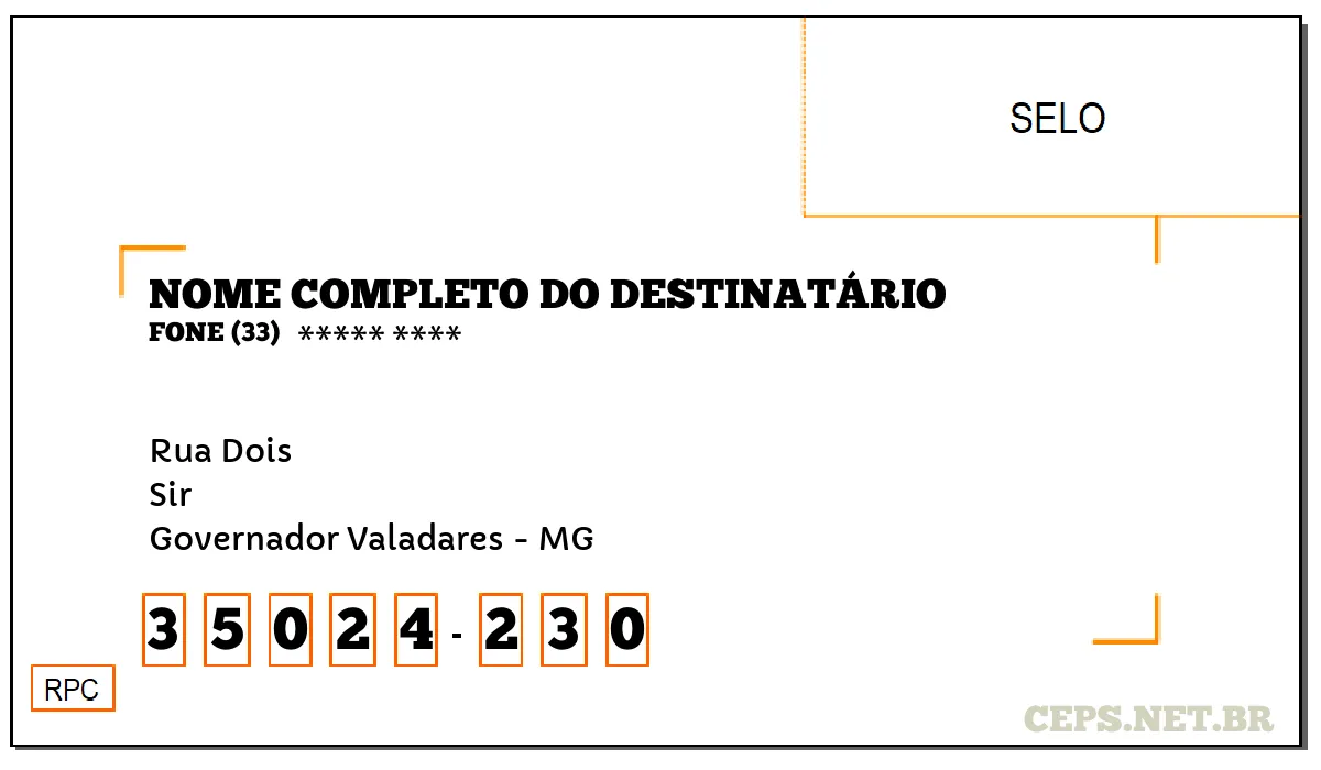 CEP GOVERNADOR VALADARES - MG, DDD 33, CEP 35024230, RUA DOIS, BAIRRO SIR.