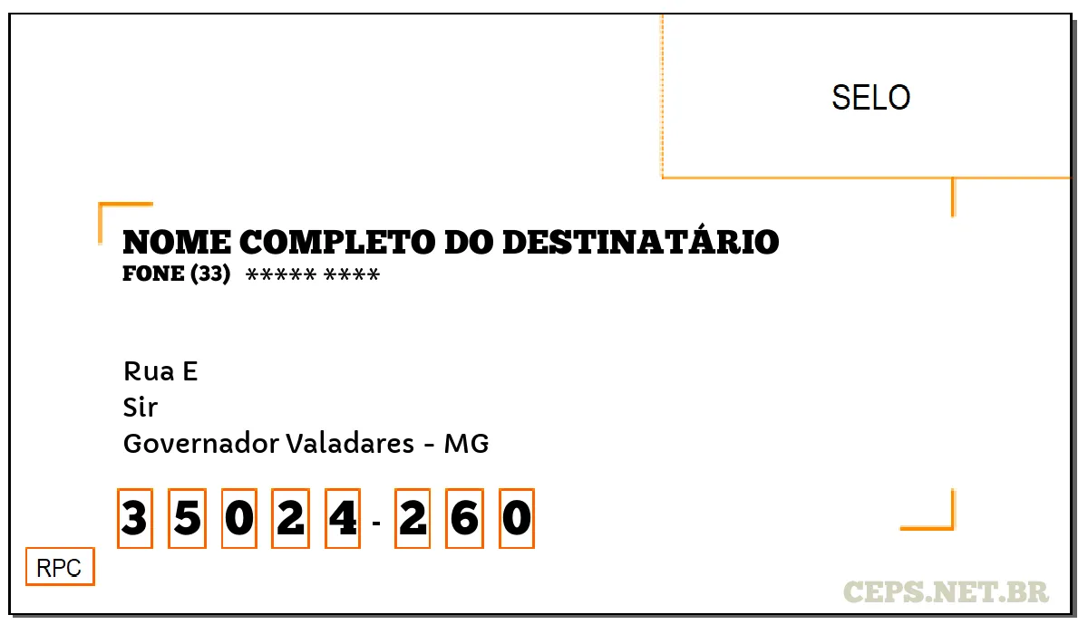 CEP GOVERNADOR VALADARES - MG, DDD 33, CEP 35024260, RUA E, BAIRRO SIR.