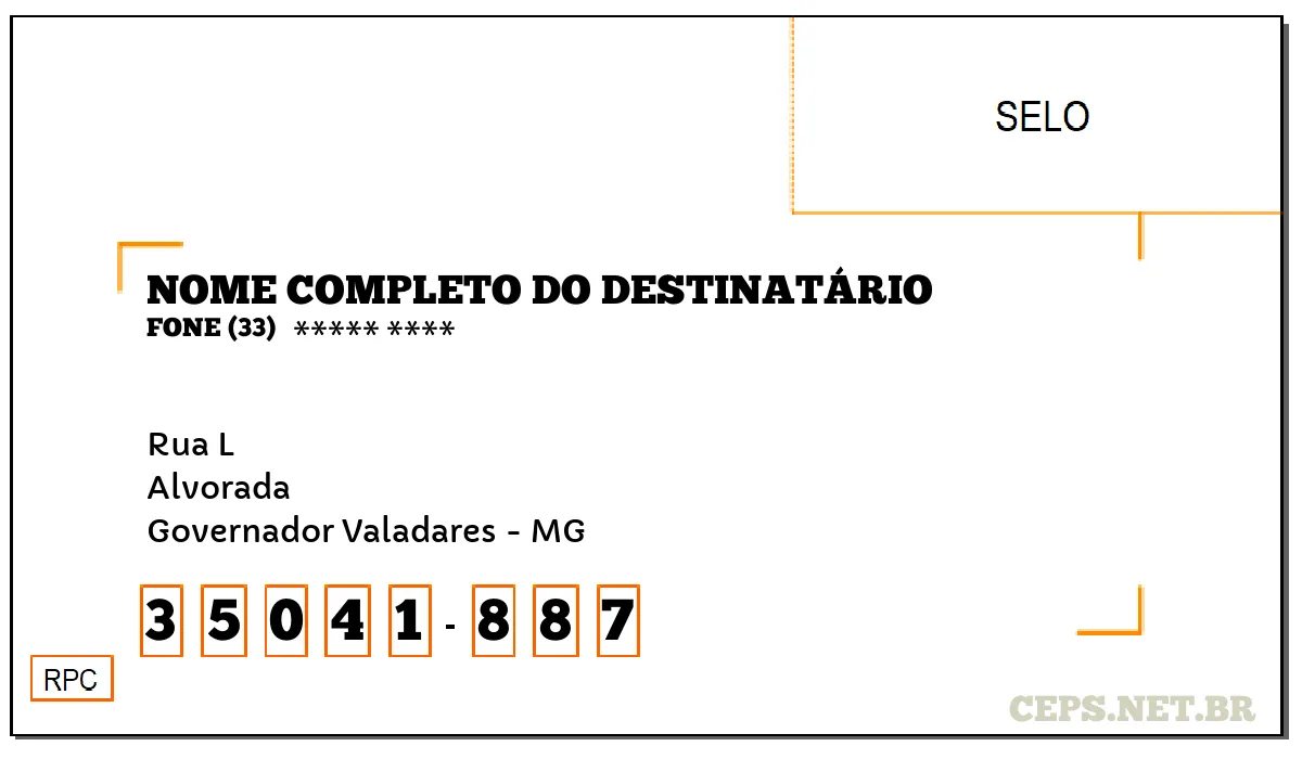 CEP GOVERNADOR VALADARES - MG, DDD 33, CEP 35041887, RUA L, BAIRRO ALVORADA.