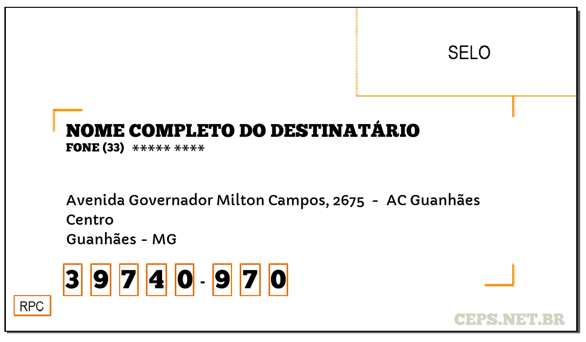 CEP GUANHÃES - MG, DDD 33, CEP 39740970, AVENIDA GOVERNADOR MILTON CAMPOS, 2675 , BAIRRO CENTRO.