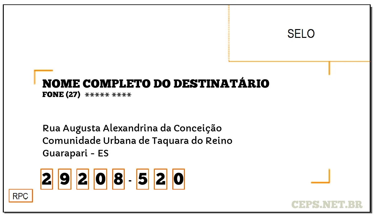 CEP GUARAPARI - ES, DDD 27, CEP 29208520, RUA AUGUSTA ALEXANDRINA DA CONCEIÇÃO, BAIRRO COMUNIDADE URBANA DE TAQUARA DO REINO.