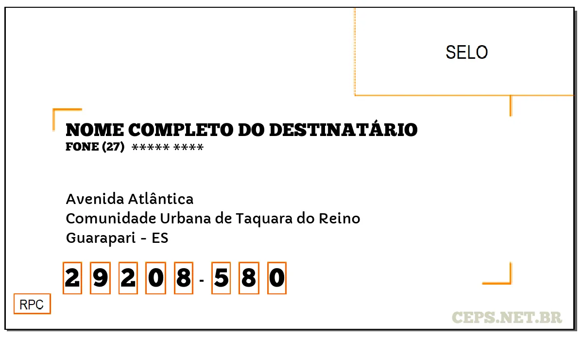 CEP GUARAPARI - ES, DDD 27, CEP 29208580, AVENIDA ATLÂNTICA, BAIRRO COMUNIDADE URBANA DE TAQUARA DO REINO.