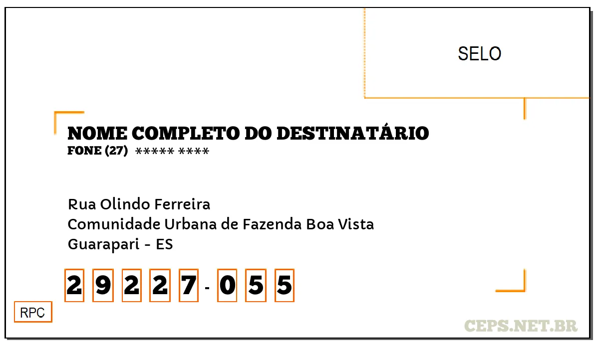 CEP GUARAPARI - ES, DDD 27, CEP 29227055, RUA OLINDO FERREIRA, BAIRRO COMUNIDADE URBANA DE FAZENDA BOA VISTA.