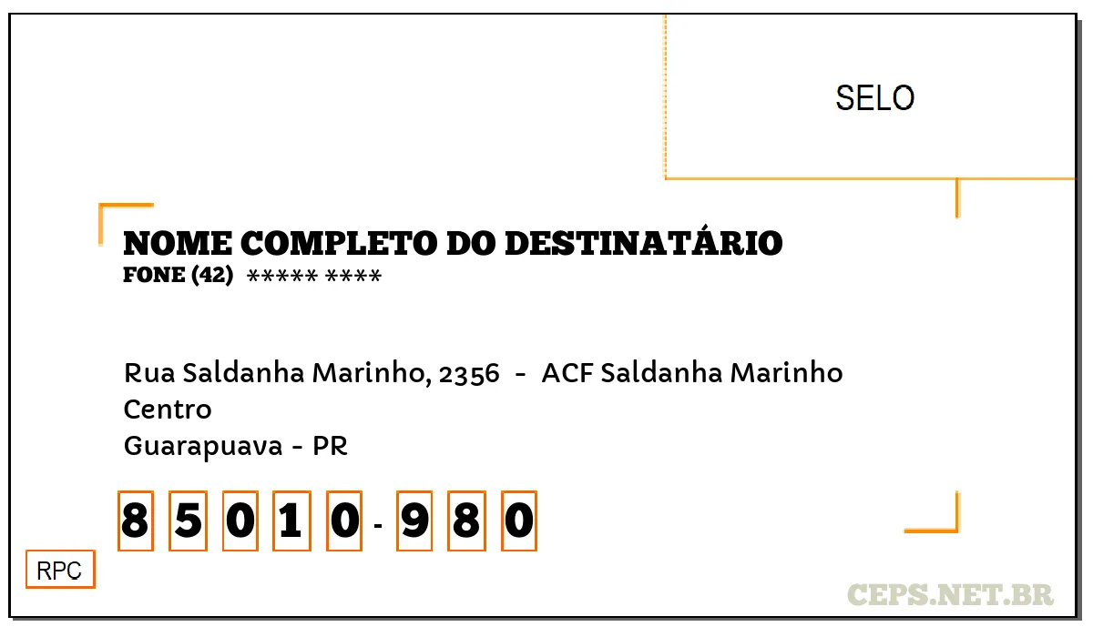 CEP GUARAPUAVA - PR, DDD 42, CEP 85010980, RUA SALDANHA MARINHO, 2356 , BAIRRO CENTRO.