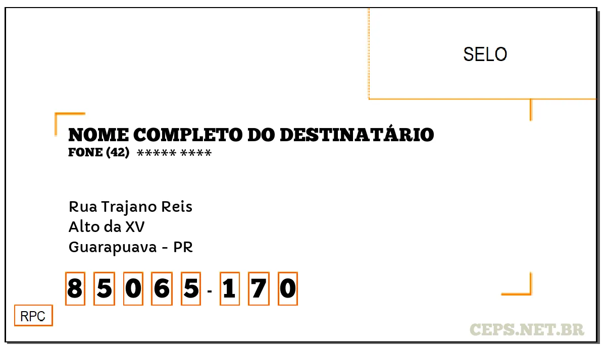 CEP GUARAPUAVA - PR, DDD 42, CEP 85065170, RUA TRAJANO REIS, BAIRRO ALTO DA XV.