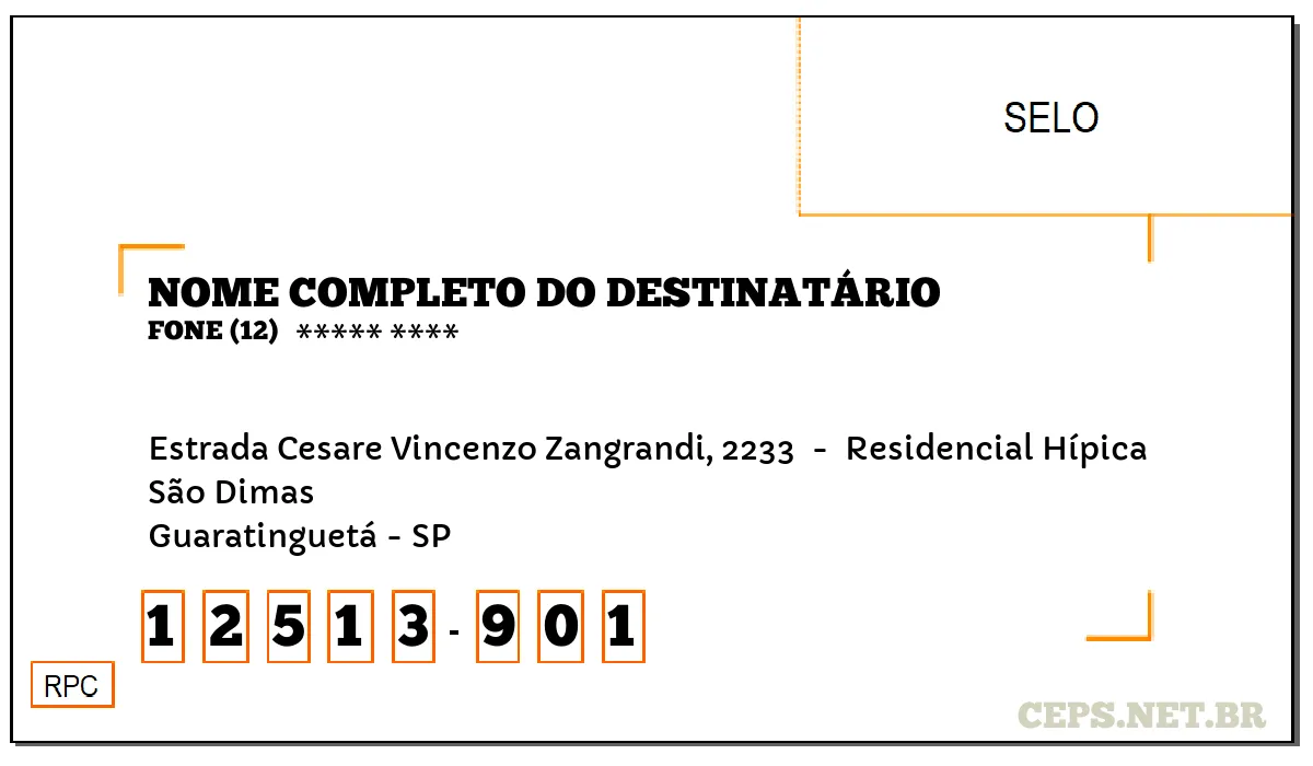 CEP GUARATINGUETÁ - SP, DDD 12, CEP 12513901, ESTRADA CESARE VINCENZO ZANGRANDI, 2233 , BAIRRO SÃO DIMAS.