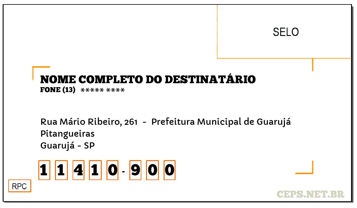 CEP GUARUJÁ - SP, DDD 13, CEP 11410900, RUA MÁRIO RIBEIRO, 261 , BAIRRO PITANGUEIRAS.