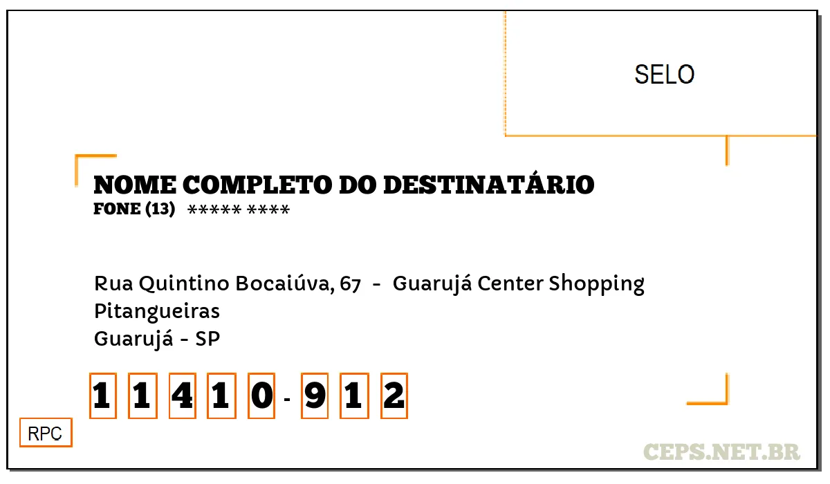 CEP GUARUJÁ - SP, DDD 13, CEP 11410912, RUA QUINTINO BOCAIÚVA, 67 , BAIRRO PITANGUEIRAS.