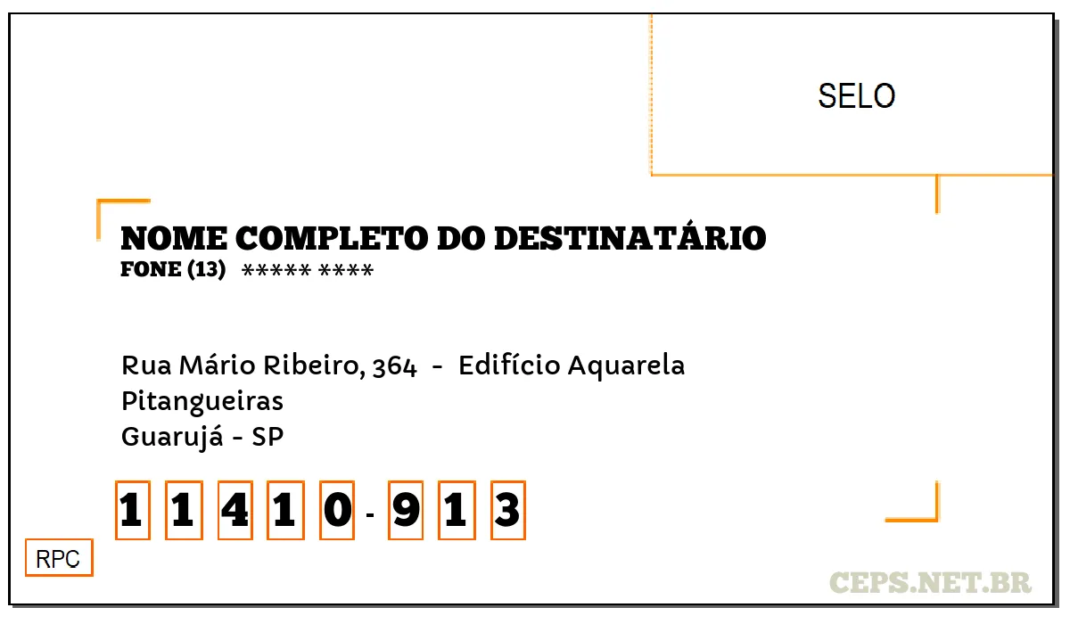 CEP GUARUJÁ - SP, DDD 13, CEP 11410913, RUA MÁRIO RIBEIRO, 364 , BAIRRO PITANGUEIRAS.