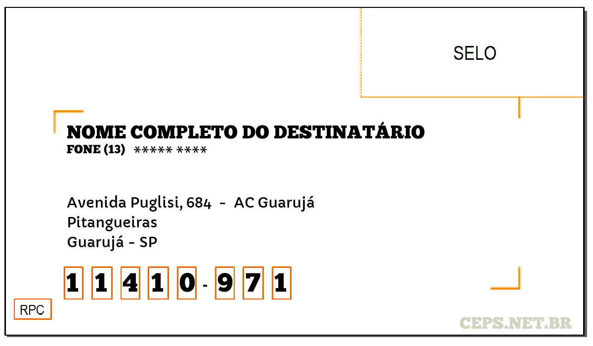 CEP GUARUJÁ - SP, DDD 13, CEP 11410971, AVENIDA PUGLISI, 684 , BAIRRO PITANGUEIRAS.