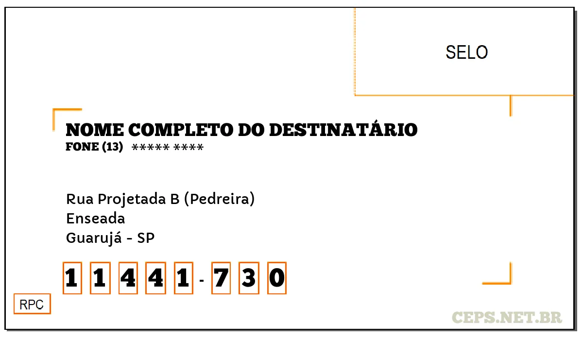 CEP GUARUJÁ - SP, DDD 13, CEP 11441730, RUA PROJETADA B (PEDREIRA), BAIRRO ENSEADA.