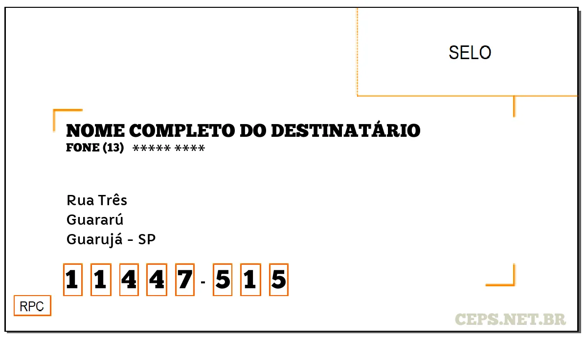 CEP GUARUJÁ - SP, DDD 13, CEP 11447515, RUA TRÊS, BAIRRO GUARARÚ.