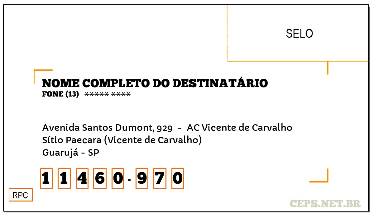 CEP GUARUJÁ - SP, DDD 13, CEP 11460970, AVENIDA SANTOS DUMONT, 929 , BAIRRO SÍTIO PAECARA (VICENTE DE CARVALHO).