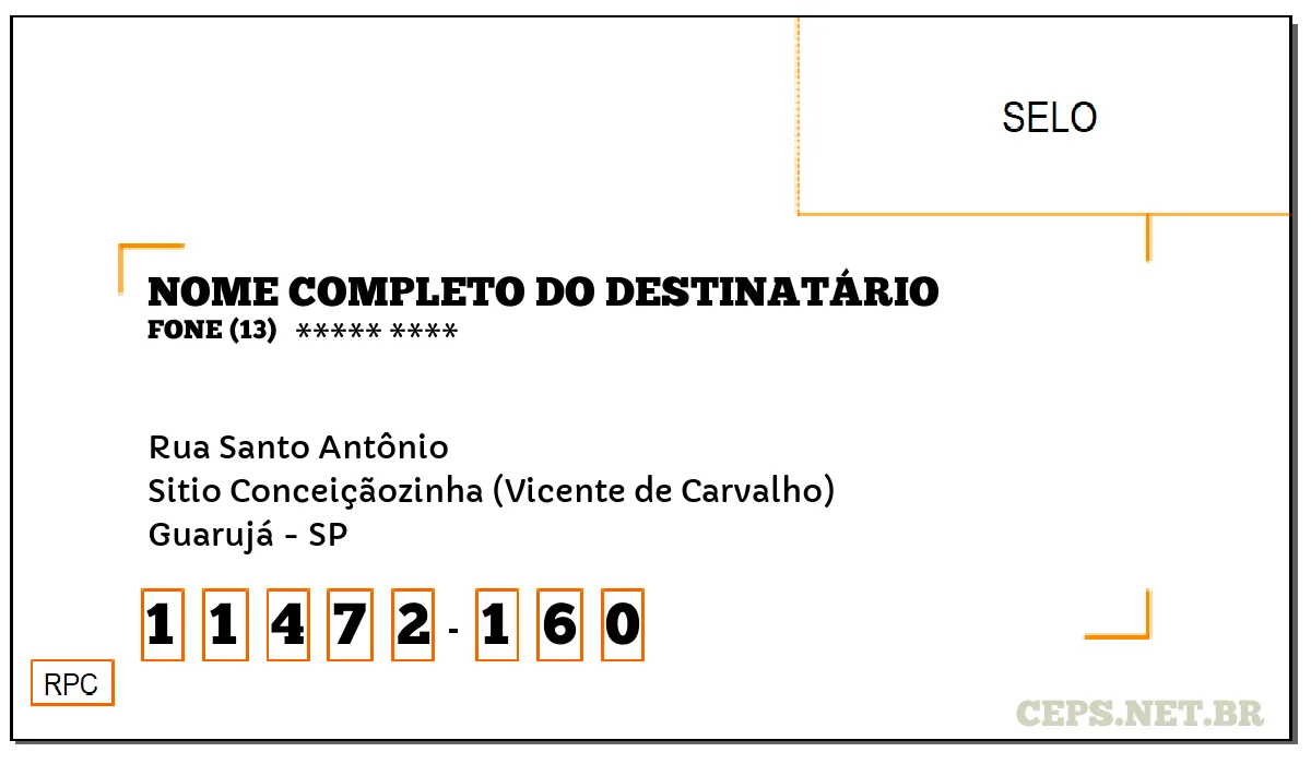 CEP GUARUJÁ - SP, DDD 13, CEP 11472160, RUA SANTO ANTÔNIO, BAIRRO SITIO CONCEIÇÃOZINHA (VICENTE DE CARVALHO).