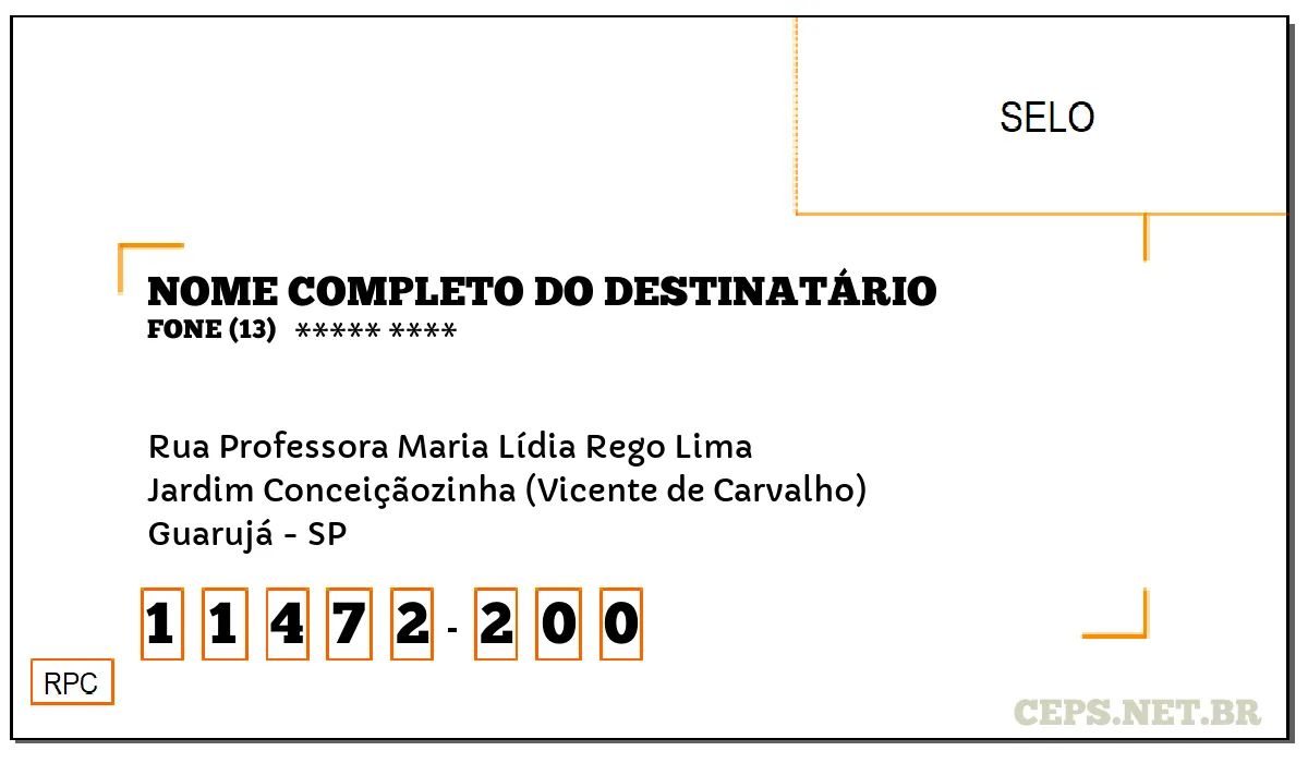 CEP GUARUJÁ - SP, DDD 13, CEP 11472200, RUA PROFESSORA MARIA LÍDIA REGO LIMA, BAIRRO JARDIM CONCEIÇÃOZINHA (VICENTE DE CARVALHO).