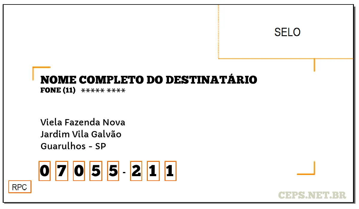 CEP GUARULHOS - SP, DDD 11, CEP 07055211, VIELA FAZENDA NOVA, BAIRRO JARDIM VILA GALVÃO.