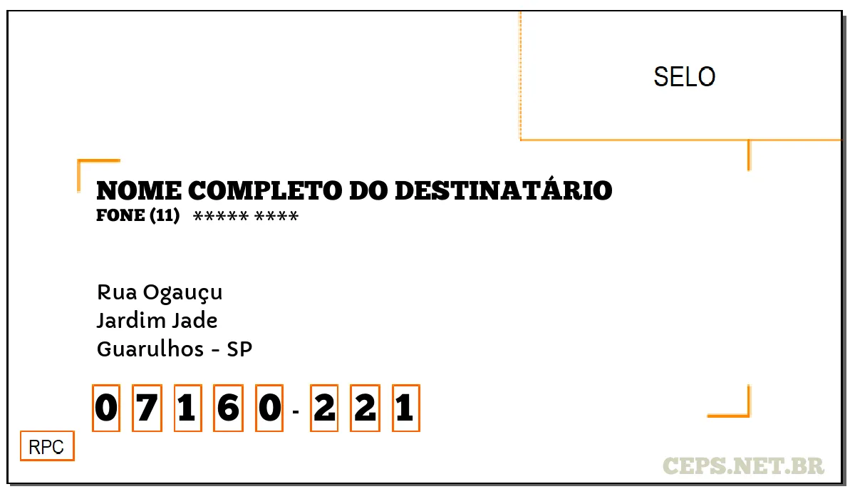 CEP GUARULHOS - SP, DDD 11, CEP 07160221, RUA OGAUÇU, BAIRRO JARDIM JADE.