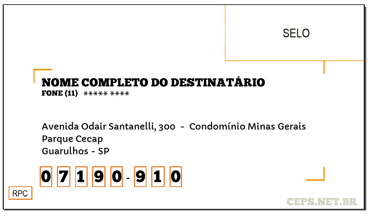 CEP GUARULHOS - SP, DDD 11, CEP 07190910, AVENIDA ODAIR SANTANELLI, 300 , BAIRRO PARQUE CECAP.