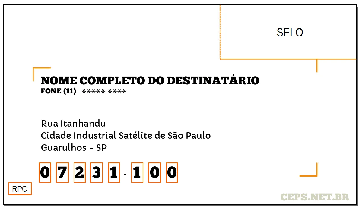 CEP GUARULHOS - SP, DDD 11, CEP 07231100, RUA ITANHANDU, BAIRRO CIDADE INDUSTRIAL SATÉLITE DE SÃO PAULO.