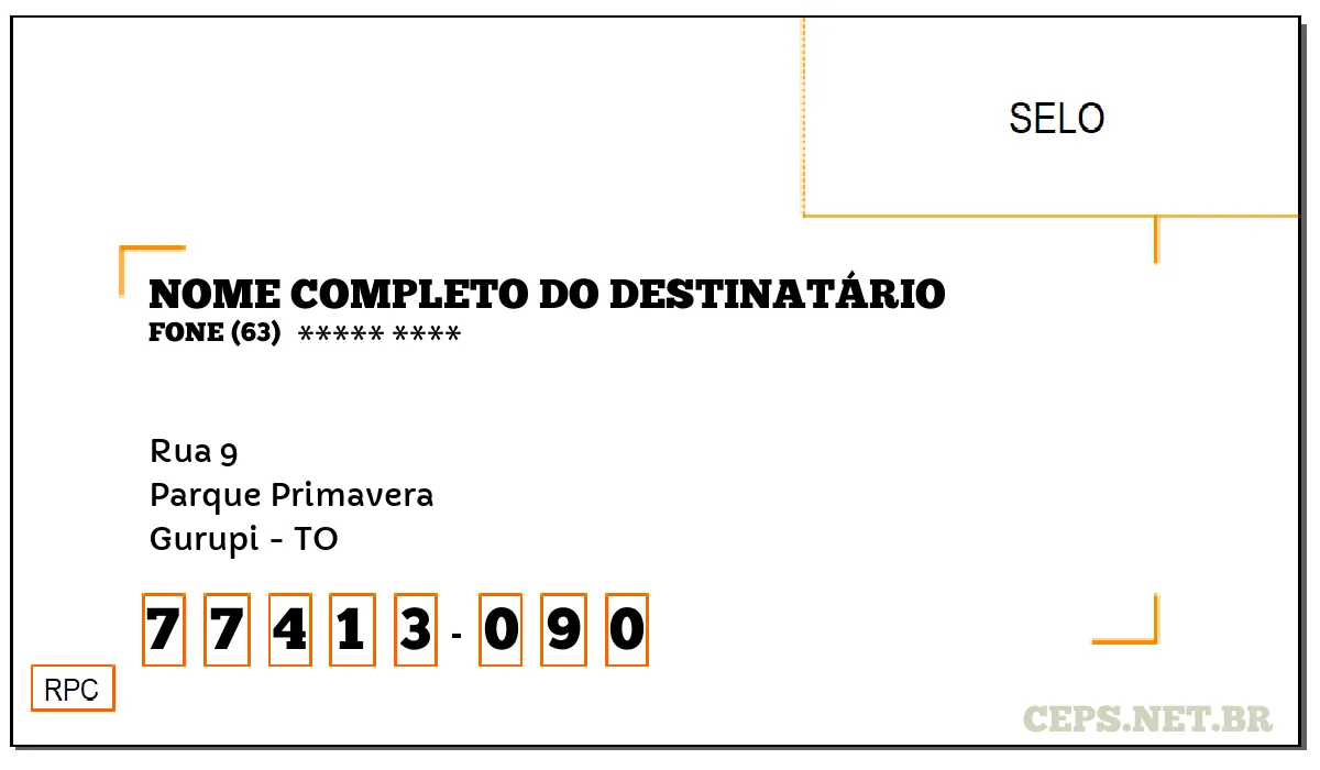 CEP GURUPI - TO, DDD 63, CEP 77413090, RUA 9, BAIRRO PARQUE PRIMAVERA.