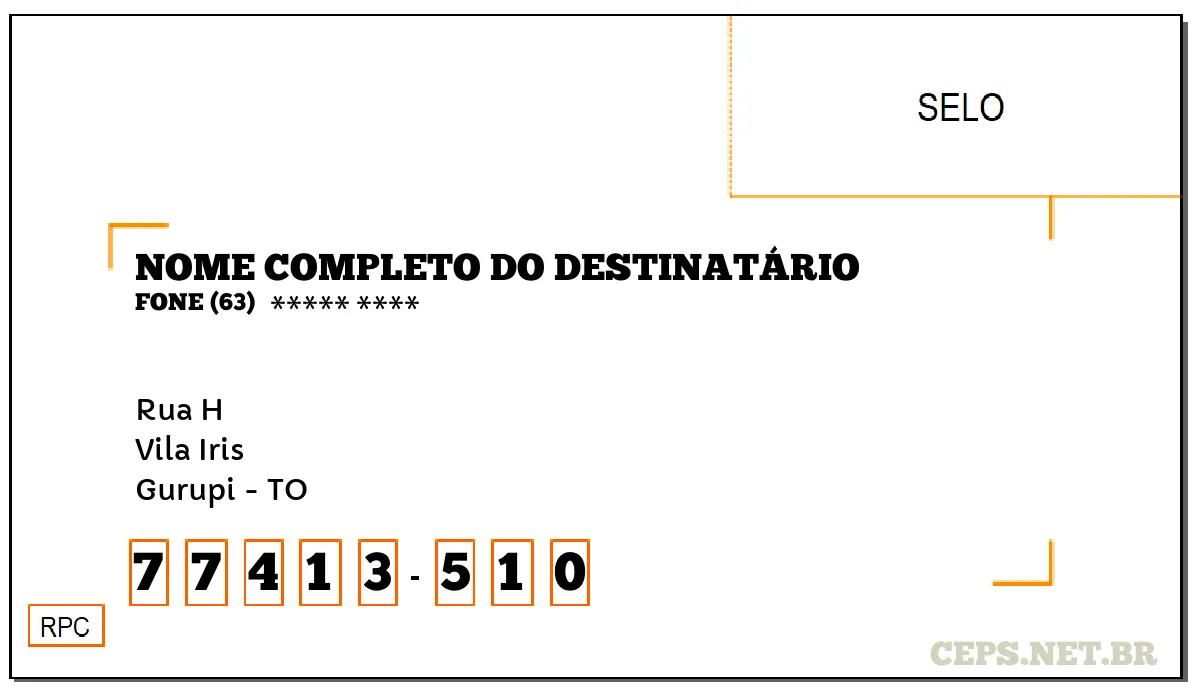 CEP GURUPI - TO, DDD 63, CEP 77413510, RUA H, BAIRRO VILA IRIS.