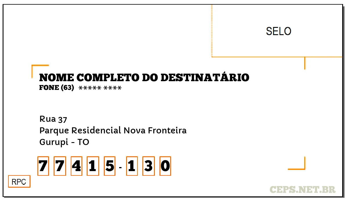 CEP GURUPI - TO, DDD 63, CEP 77415130, RUA 37, BAIRRO PARQUE RESIDENCIAL NOVA FRONTEIRA.