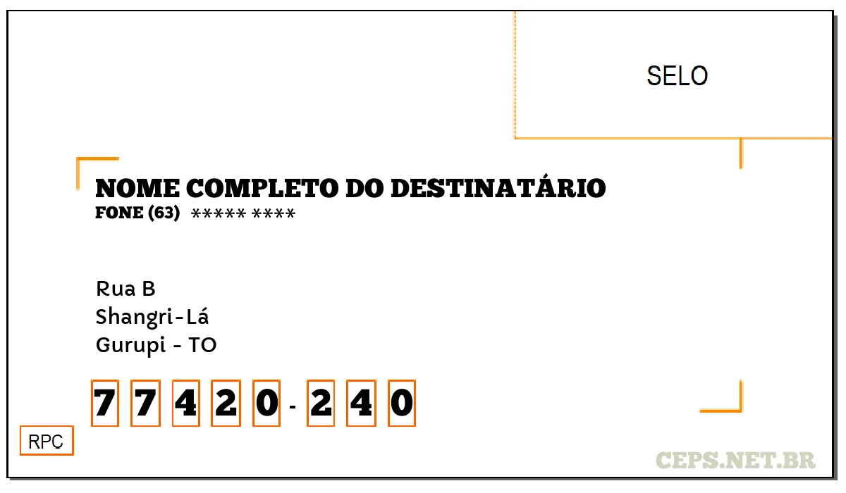 CEP GURUPI - TO, DDD 63, CEP 77420240, RUA B, BAIRRO SHANGRI-LÁ.