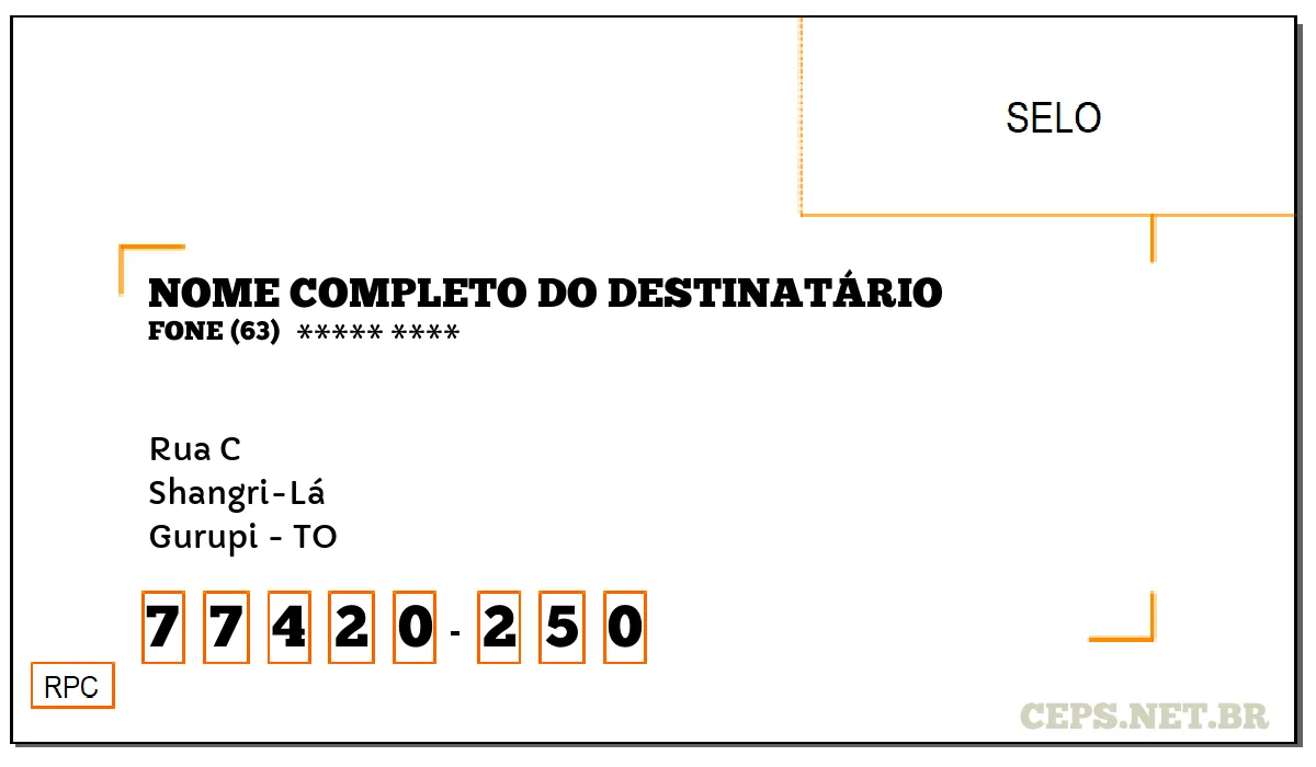 CEP GURUPI - TO, DDD 63, CEP 77420250, RUA C, BAIRRO SHANGRI-LÁ.