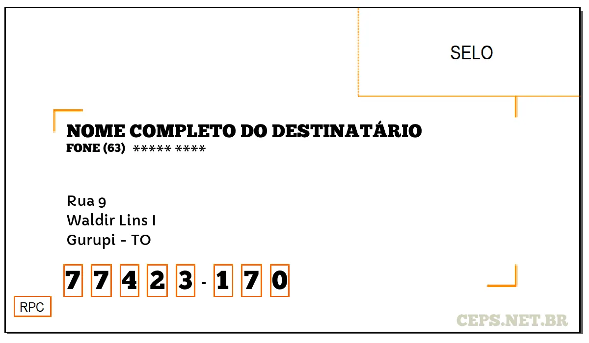 CEP GURUPI - TO, DDD 63, CEP 77423170, RUA 9, BAIRRO WALDIR LINS I.