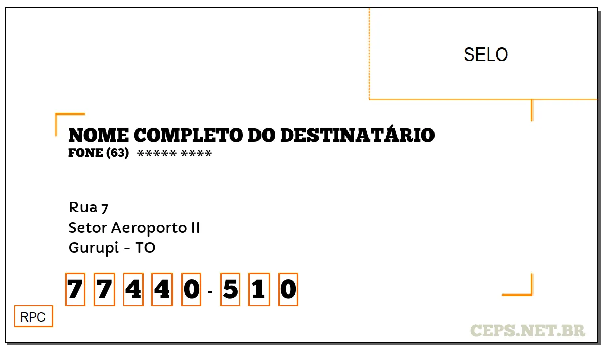 CEP GURUPI - TO, DDD 63, CEP 77440510, RUA 7, BAIRRO SETOR AEROPORTO II.