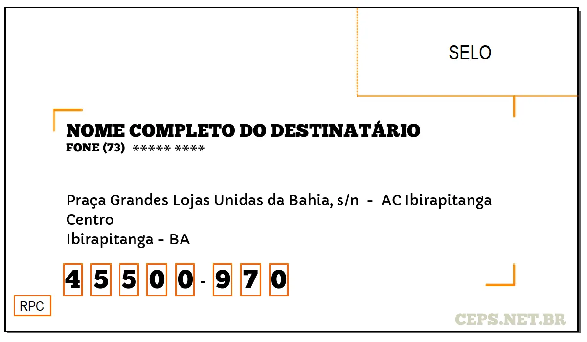 CEP IBIRAPITANGA - BA, DDD 73, CEP 45500970, PRAÇA GRANDES LOJAS UNIDAS DA BAHIA, S/N , BAIRRO CENTRO.