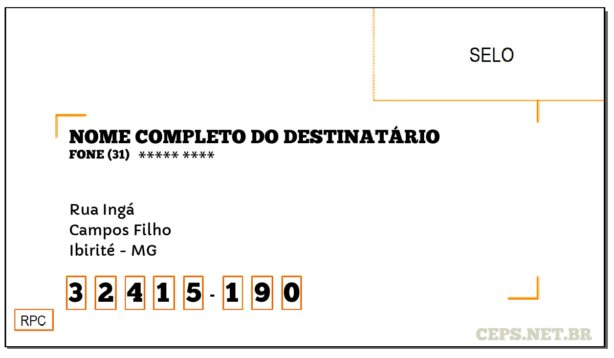 CEP IBIRITÉ - MG, DDD 31, CEP 32415190, RUA INGÁ, BAIRRO CAMPOS FILHO.